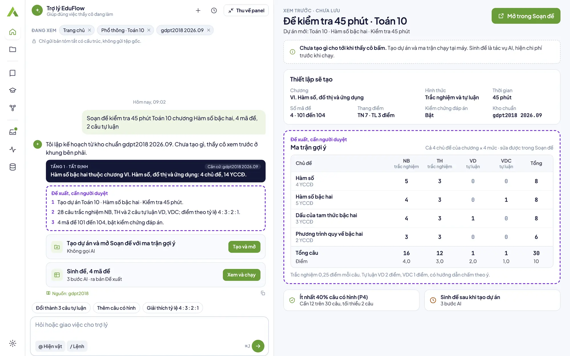 Trang chủ EduFlow: cột trò chuyện với trợ lý và bản xem trước đề kiểm tra sẽ tạo